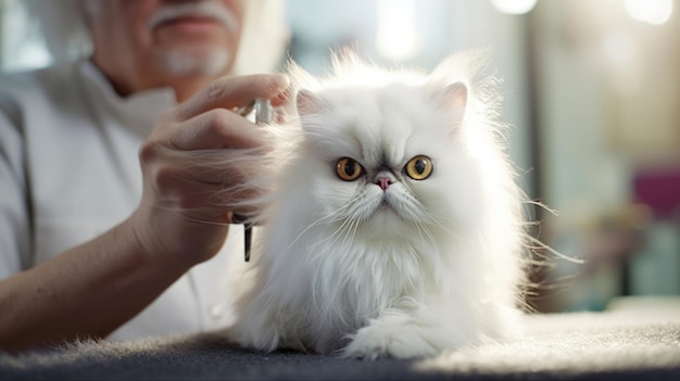 Grumpy white Persian cat in the grooming salon The cat looks into the camera Hands of an old pet grooming master Animal Hygiene and pet care concept Copy space Banner Generative AI
