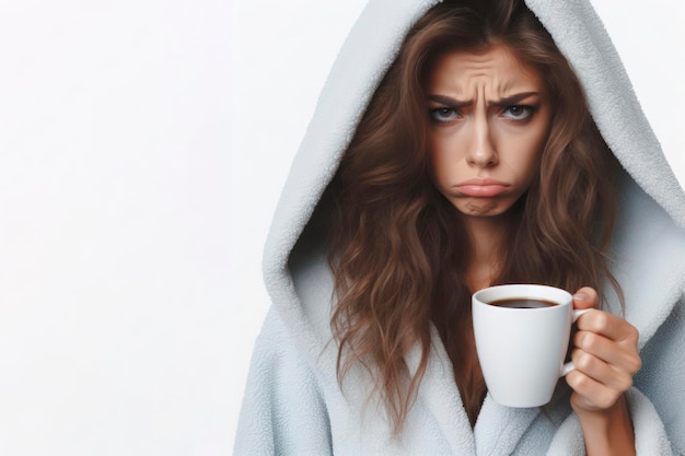 grumpy woman in bathrobe holding cup of coffee on a white background