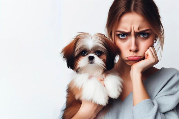 grumpy woman with her little dog on a white background