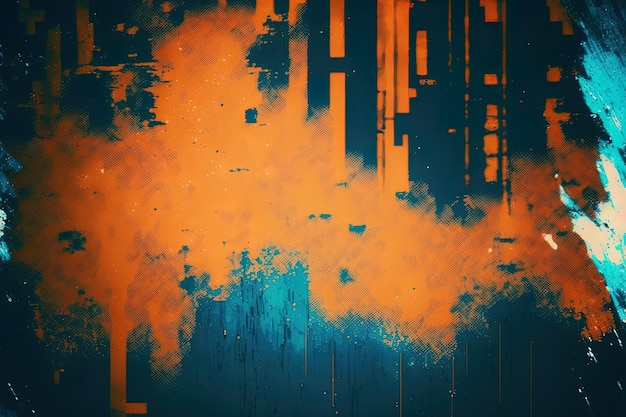 Grunge abstract background Damaged screen Orange glitch noise on blue scratched texture with dust