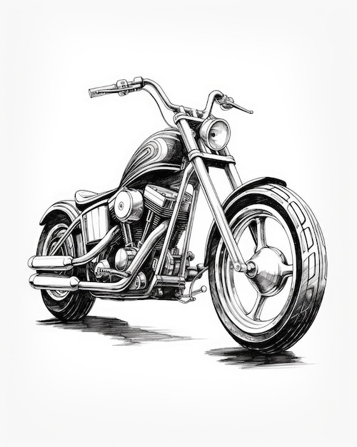 Grunge American Classic Chopper Hand Drawn Vintage Motorcycle with Chrome Wheel and Custom Motor