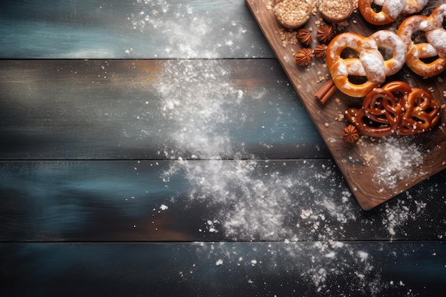 A grunge background hosts a wooden board adorned with delicious pretzels sprinkled with sea salt