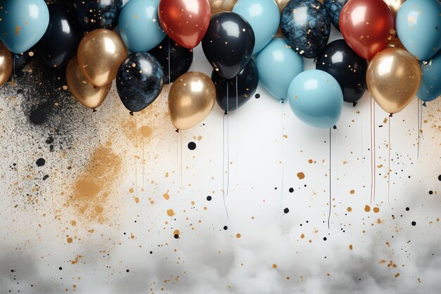 Photo grunge background with balloons and confetti 3d rendering