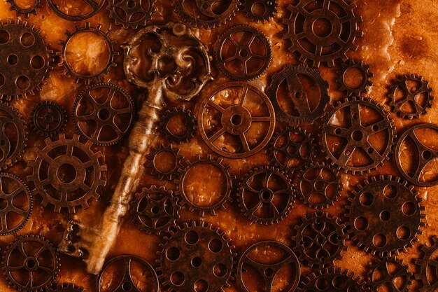 grunge background with old rusty gears and old key retro style