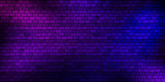 Photo grunge brick wall background purple neon light 3d render
