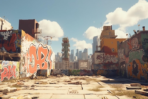 Photo grunge cityscape with messy graffiti and rusty buildings