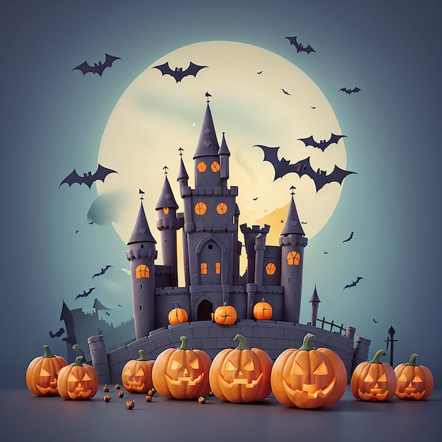 Grunge colorful happy halloween background blue with pumpkins and s spooky castle concept
