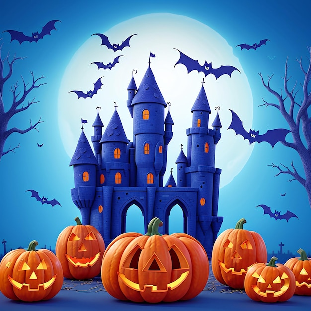 Grunge Colorful Happy Halloween background Blue with pumpkins and s spooky castle Concept