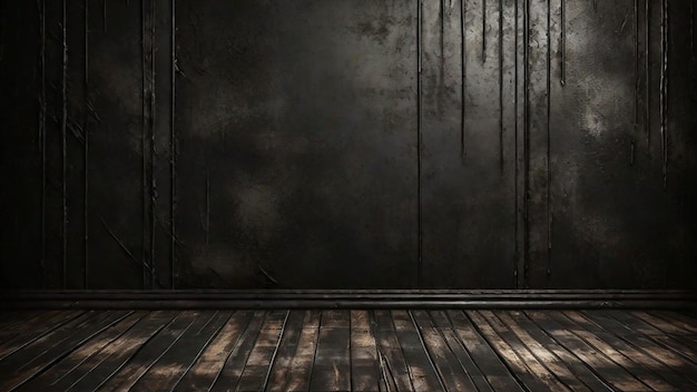 Foto grunge donkere kamer met houten vloer en zwarte muur achtergrond