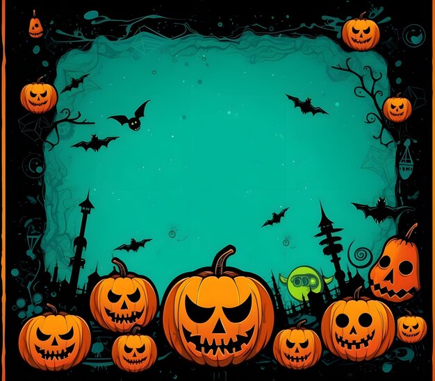Photo grunge halloween background with spooky pumpkins