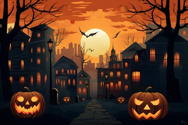 Grunge halloween background with spooky pumpkins