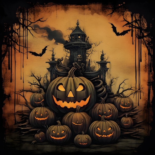 Grunge halloween background with spooky pumpkins