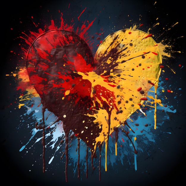 Grunge heart shape and paint blobs splattered