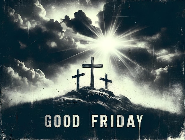 Photo grunge illustration of three christian crosses silhouette on calvary for good friday