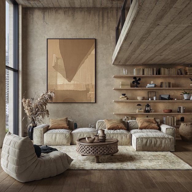 grunge interior with concrete walls and hardwood flooring loft style 3d rendering