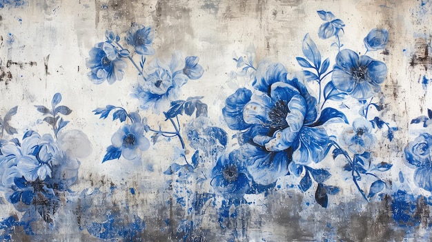 Grunge muurtextuur met blauwe grote bloemen Hoge resolutie vintage achtergrond