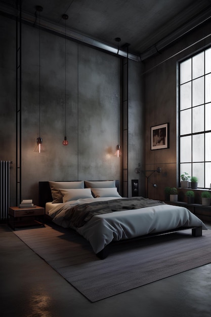 Premium AI Image | Grunge style bedroom interior in modern house