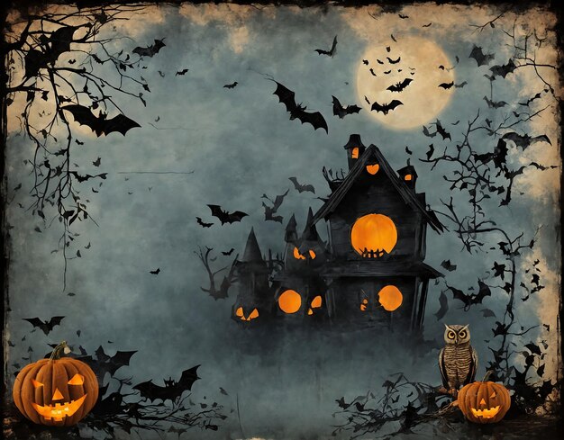 grunge style halloween background with bats jack o lantern and owl