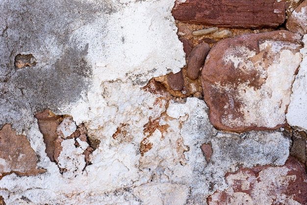 Grunge texture of the old masonry visible from under the cracked clay pavement