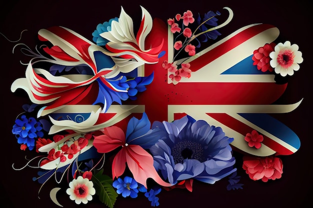Grunge vlag van Groot-Brittannië met wilde bloemen houtstructuur achtergrond voor ontwerp en tekst generatieve Ai