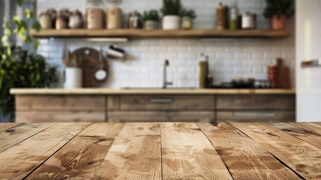 Grunge wooden table top with copy space over blurred kitchen background