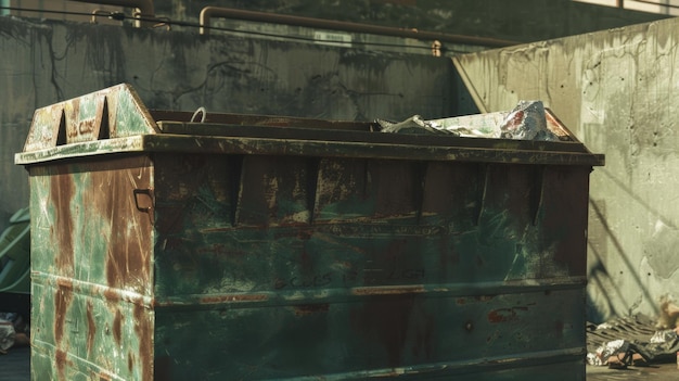 Grungy dumpster in urban alley exudes a raw and textured urban decay