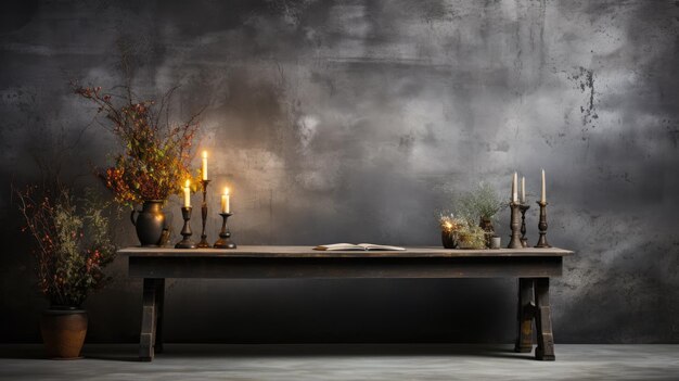 A grungy grey concrete wall is in the background with a black marble stone table top that has white space for your own artwork or writing decorated in a modern loft style