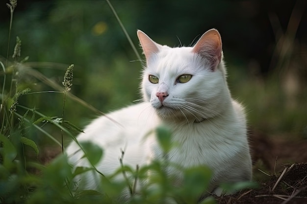 На земле прекрасная белая кошка