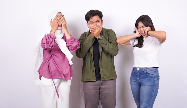 Grup of people close there eyes and ears isolated white background