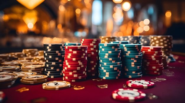 Grupo de fichas de casino y poker apiladas Цвета голубого красного и зеленого