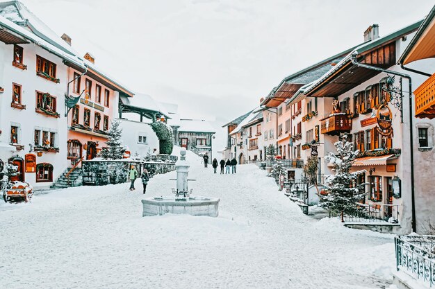 Gruyeres, Switzerland - December 31, 2014: Main street at Gruyeres town village in Switzerland in winter