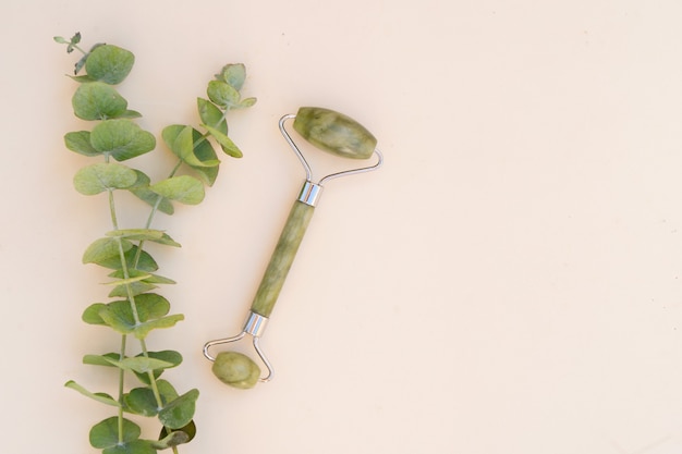 Gua sha, face massage green jade roller made of natural stone
with natural eucaliptus, copy space