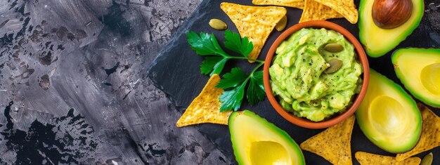 Photo guacamole avocado mash dip with tortilla chips and fresh avocados copy space image place for addin