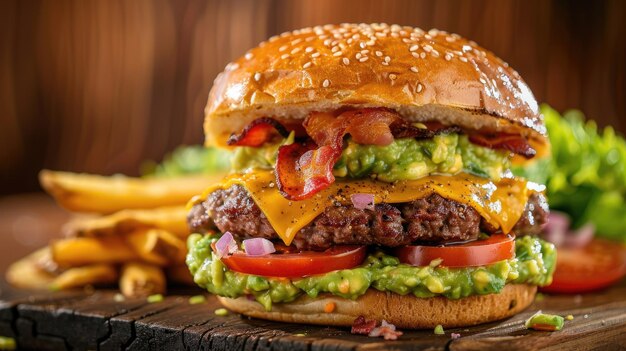 Guacamole beef burger with melted cheese and bacon on wooden background