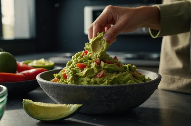 Photo guacamole being prepared in a modern kitchen with sl