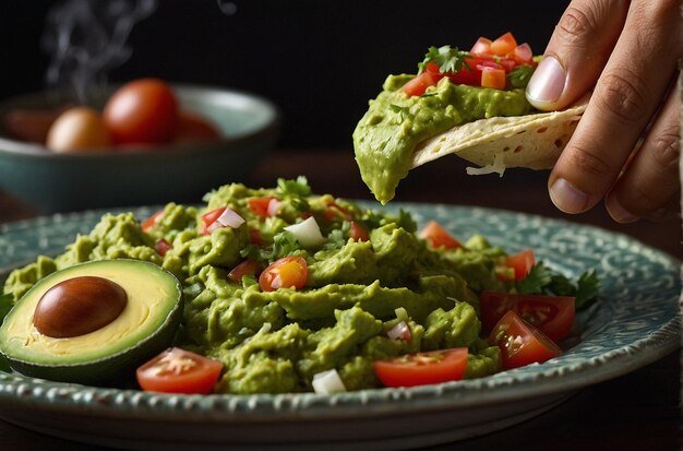 Photo guacamole being scooped onto a plate of huevos rancher