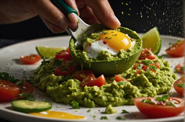 Photo guacamole being scooped onto a plate of huevos rancher