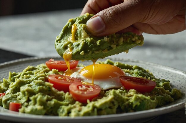 Guacamole being scooped onto a plate of huevos rancher