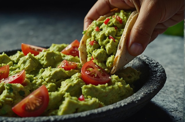 Guacamole being scooped onto a taco or a burrito