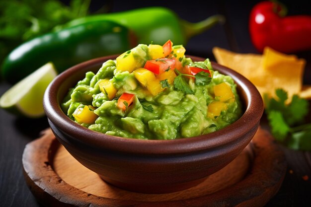 Guacamole being served on a platter with a variety of dipping options