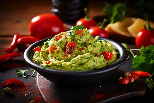 Photo guacamole being served on a platter with a variety of dipping options