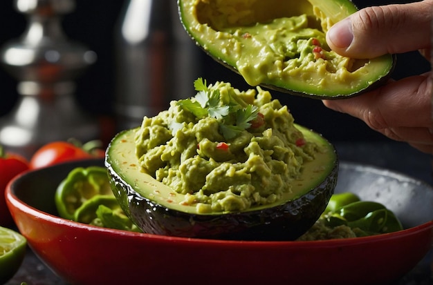 Guacamole being used as a filling for stuffed bell pep