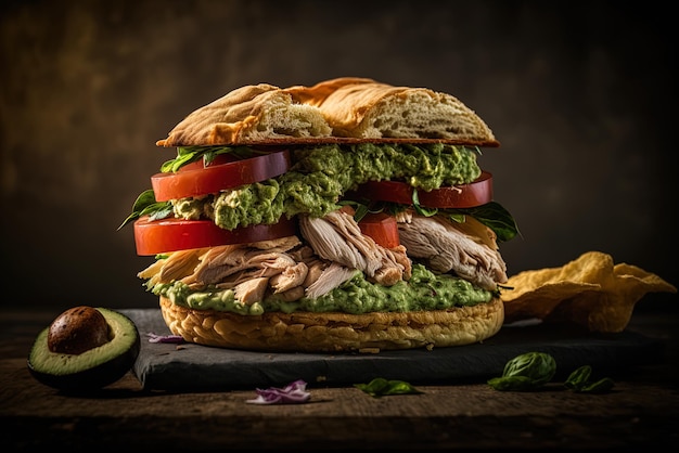 a guacamole and chicken gourmet sandwich in closeup