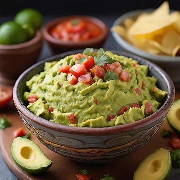 Photo guacamole closeup view bowl with guacamole and tomatoes illustration render