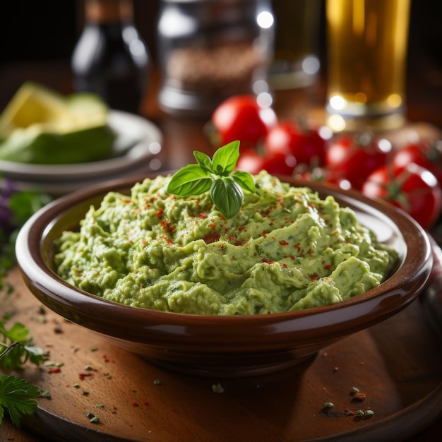 Foto guacamole dip di avocado cremoso spesso fatto con succo di lime, pomodori a cubetti, cipolle, cucina messicana