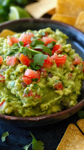 Guacamole dip in bowl garnished with fresh herbs close up