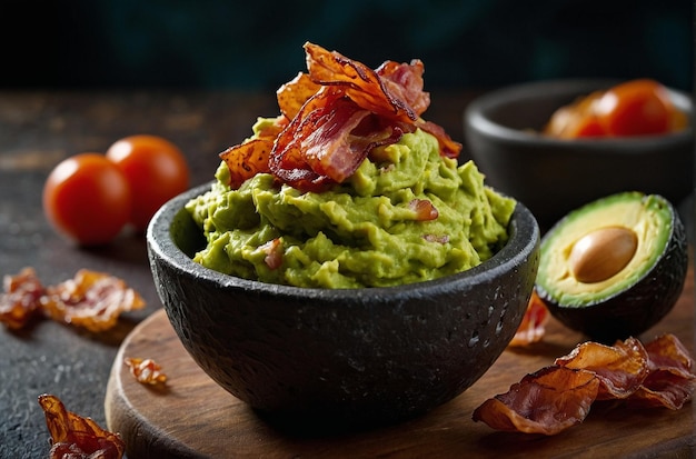 Foto guacamole geserveerd met een kant van knapperige bacon of choriz