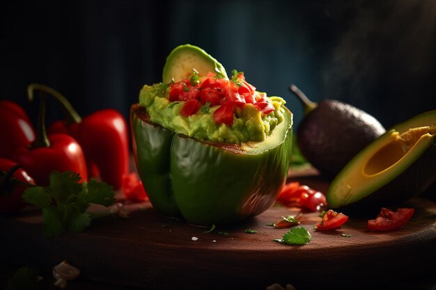 Guacamole in a green pepper cup with a red pepper on the side.