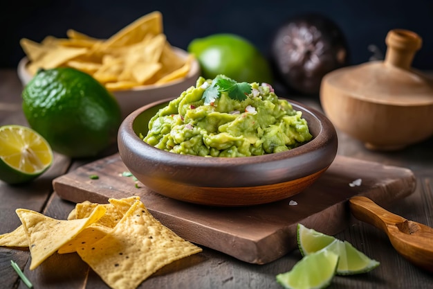 Foto guacamole-onderdompeling met tortillachips of nacho's generatieve ai-illustratie