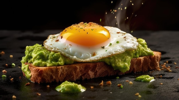 A guacamole sandwich with an egg on top